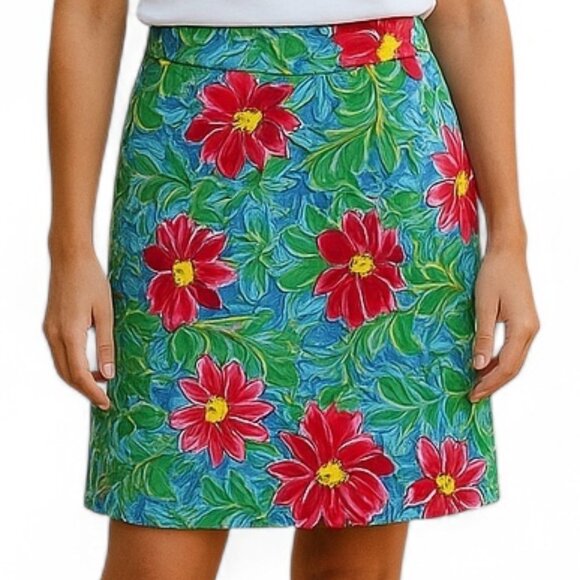 Talbots Skirt 6P Blue Red Floral Cotton Twill Casual Cottagecore - Picture 1 of 9